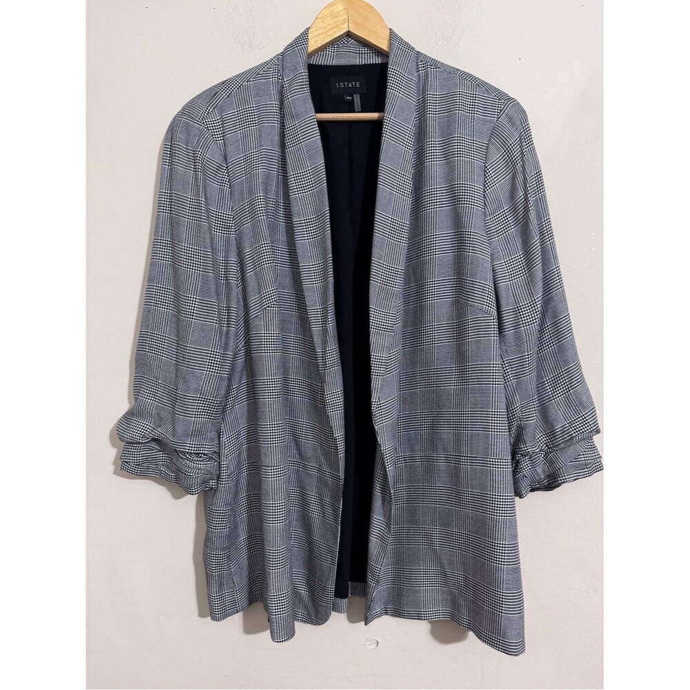 1.STATE Women's Glen Plaid Open-Front Blazer Scrunched Sleeves size 16W Office
